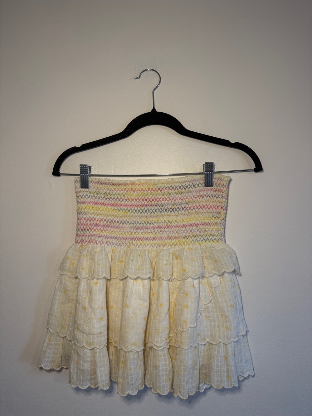 LoveShackFancy Tiered Ruffle Mini Skirt XS | Rainbow Smocked Waist | Scalloped
